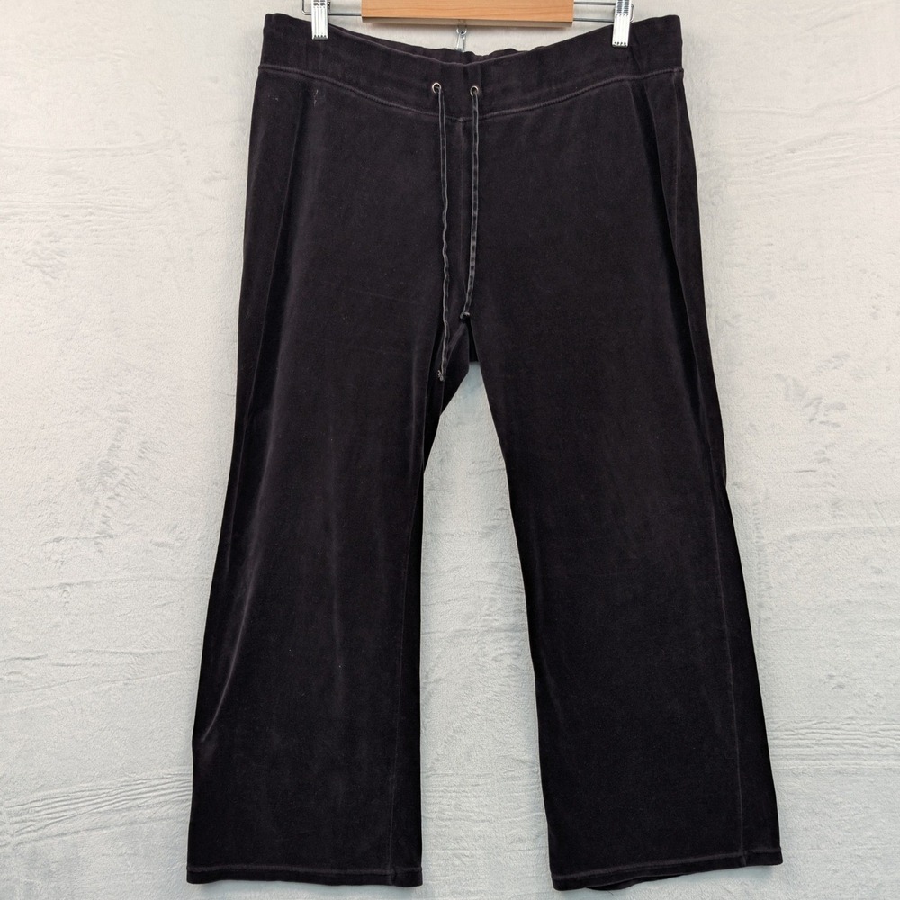 VTG Route 66 Pants Women XL Black Velour Loungewear McBling Elastic Wide Leg Y2K